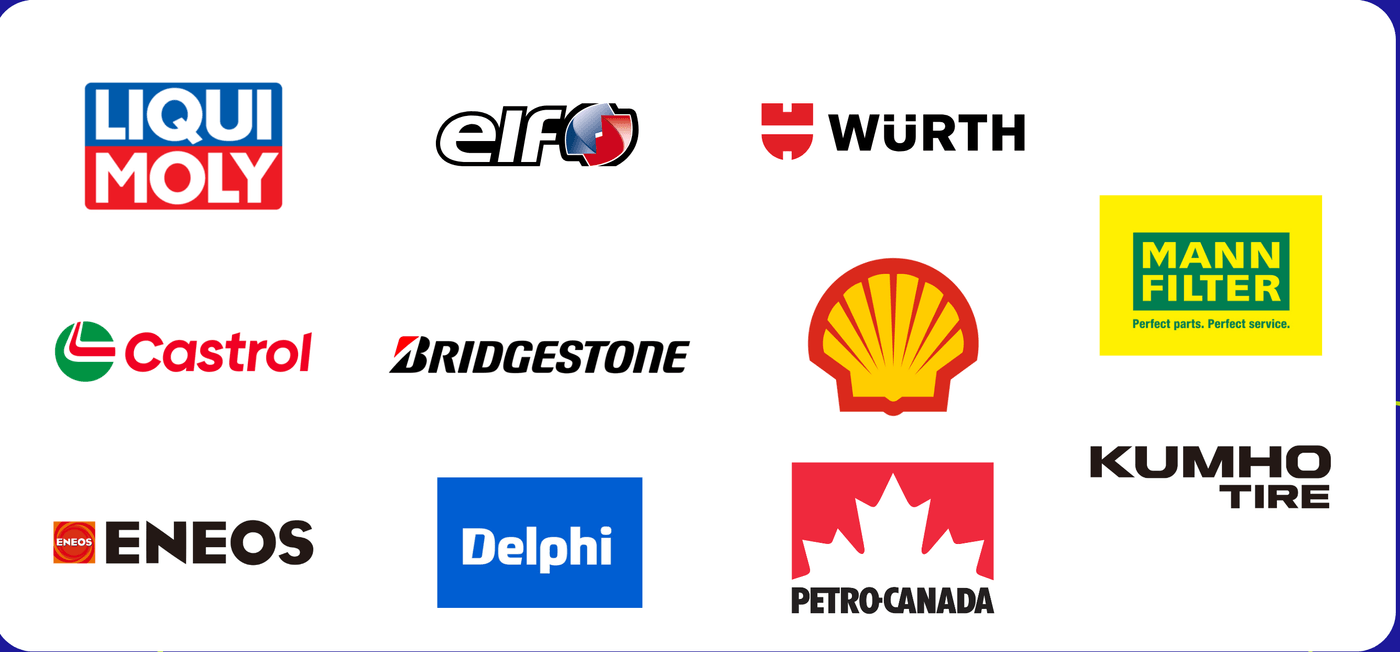 Product brands used in our workshops: Liqui Moly, Elf, Würth, Mann Filter, Castrol, Bridgestone, Shell, Eneos, Delphi, Petro-Canada, Kumho Tire